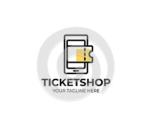 Online ticket shop logo template. Mobile phone and tickets vector design