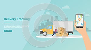 Online tracking delivery track with hand hold smartphone gps maps for website template or banner landing homepage - vector