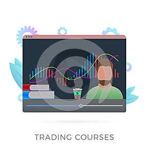 Online Trading Courses flat vector icon concept. Cryptocurrency, forex or stock market trade academy with video webinar lessons