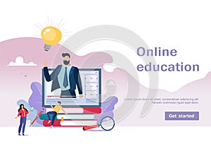 Online training or business training. A pile of books and a computer with a mentor, video lesson, courses. Vector illustration for