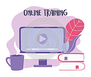 Online training, computer video site books and coffee cup, education and courses learning digital