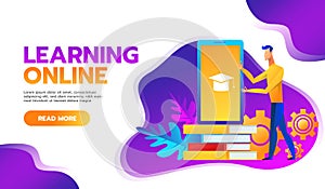 Online training courses vector illustration.distance learning business education concept.internet studying book