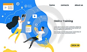 Online training landing page. Web service with video courses. Educational lessons, people studying distantly. Website