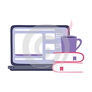 Online training, laptop homepage books and coffee cup, education and courses learning digital