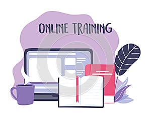 Online training, laptop homepage content books and coffee cup, education and courses learning digital