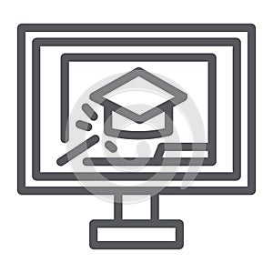Online training line icon, education and study, graduation cap and laptop sign, vector graphics, a linear pattern on a