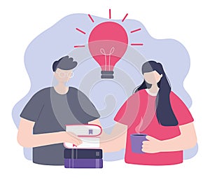Online training, man and woman with books and coffee cup, education and courses learning digital
