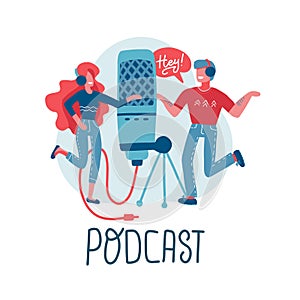 Online training, podcast, radio. Podcast concept . People working together for creating podcast. Cartoon characters with big mic.
