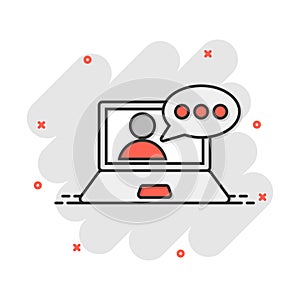 Online training process icon in comic style. Webinar seminar vector cartoon illustration pictogram. E-learning business concept