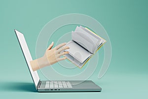 online training. reading e-books. laptop looking for which sticks out hand with a book. 3D render photo