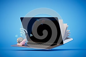 online training. Slow Wi-Fi connection. an open book and laptop next to the snail and the Wi-Fi icon. 3D render