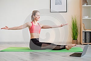 online training sportive woman home fitness