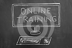 Online training text and computer drawing on chalkboard