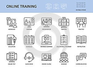 Online training vector icons. Set with editable stroke. Workshop practice guide instruction. Calendar schedule education seminar