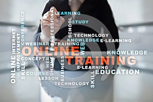 Online training on the virtual screen. Education concept. Words cloud.