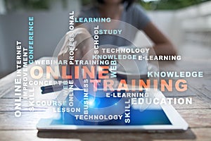 Online training on the virtual screen. Education concept. Words cloud.