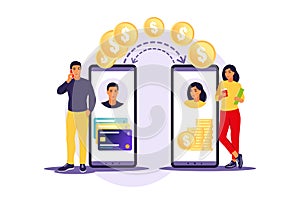 Online, transaction, banking, finance and digital technology concept. Man transferring money via smartphone. Vector illustration.