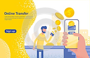 Online transfer concept with hand holding smartphone and press send button