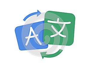 Online Translator. Translation app icon. Chat bubbles with language translation icons. Online multi language translator