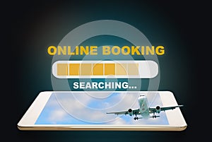 Online travel booking loading on computer digital tablet on abstract background