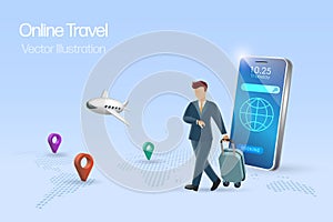 Online travel, business trip concept. Businessman walking, carrying luggage and checking time at watch with smartphone and