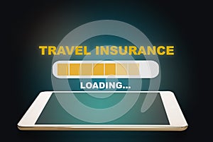 Online travel insurance loading on computer digital tablet on abstract background