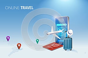 Online travel, online booking concept. Airplane flying from smartphone app with pin point on world map. Reservation flight ticket