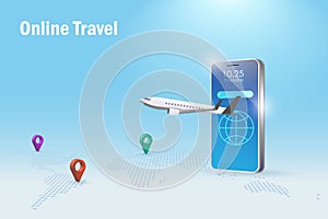 Online travel, online booking concept. Airplane flying from smartphone app with pin point on world map. Reservation flight ticket