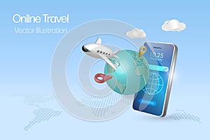 Online travel, online booking concept. Airplane flying from smartphone app. Reservation flight ticket, traveling by airplane to