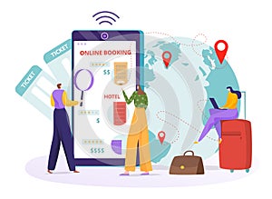 Online travel reservation concept, vector illustration, flat tiny man woman character planning travel at smartphone