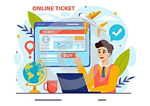 Online Travel Ticket Vector Illustration Through transportation and Journey Provider App for Booking in Flat Cartoon Background