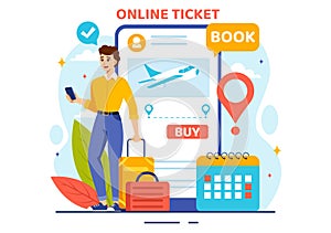 Online Travel Ticket Vector Illustration Through transportation and Journey Provider App for Booking in Flat Cartoon Background