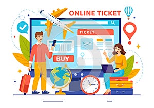 Online Travel Ticket Vector Illustration Through transportation and Journey Provider App for Booking in Flat Cartoon Background