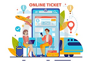Online Travel Ticket Vector Illustration Through transportation and Journey Provider App for Booking in Flat Cartoon Background