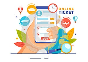 Online Travel Ticket Vector Illustration Through transportation and Journey Provider App for Booking in Flat Cartoon Background