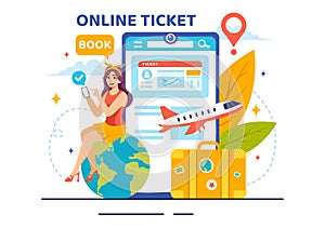 Online Travel Ticket Vector Illustration Through transportation and Journey Provider App for Booking in Flat Cartoon Background
