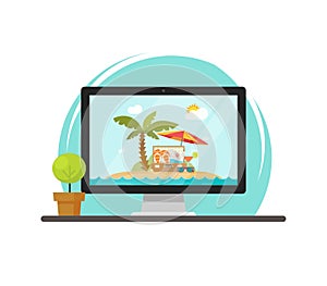 Online travel via computer vector illustration, concept of on-line trip and journey booking via pc, flat cartoon