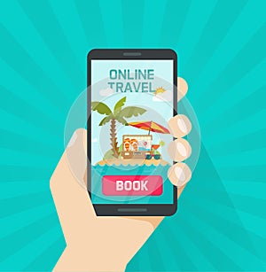 Online trip booking via smartphone vector illustration, concept or on-line travel or journey book button with mobile