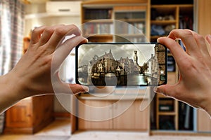 Online trip to European old town Brugge in Belgium using a smartphone at home