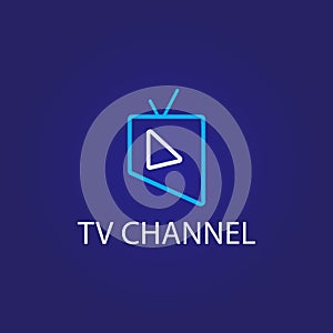 Online TV Channel Logo on Dark Blue Background. Monoline Logo Design Template with Television and Play Button Shape.