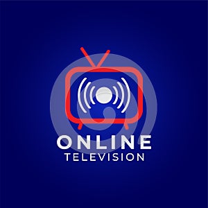 Online TV Channel Logo on Dark Blue Background. Pictorial Marks Logo Design Concept with Television and Live Feeds icon. Red Blue