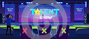 Online tv translation of a talent show stage and celebrity jury behind a desk