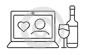 Online Valentine`s Day celebration concept. Vector line thin icon of person with heart on laptop monitor. Quarantined love, socia