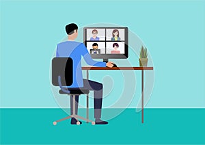 Online video call vector illustration. Start webinar meeting with team during the lock down. People are joining video call from