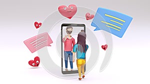 Online video calling lover boy and girl between by smartphone with chatting box and hearts shape