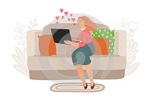 Online video chat vector illustration. Woman with notebook on sofa. Online dating concept