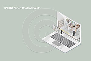 Online video content creator is delivering his content through social media channels on isometric communication devices such as