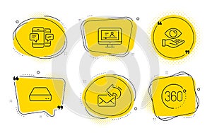 Online video, Health eye and Share mail icons set. Smartphone sms, Mini pc and 360 degrees signs. Vector