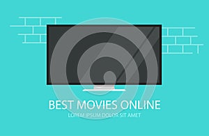 Online video movies or tv cinema vector flat cartoon illustration tv screen banner modern design image