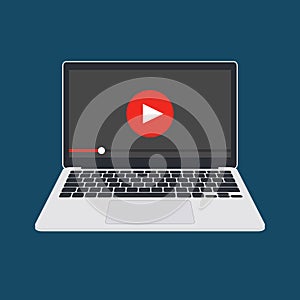Online video player on laptop vector illustration, flat computer screen with internet web streaming concept, e-learning
